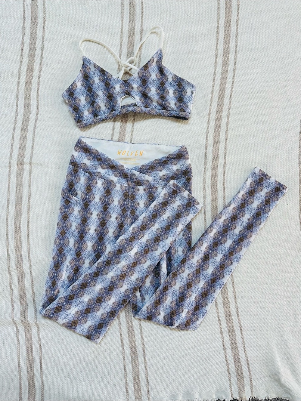 Wolven Blue and Brown Plaid Active Bralette & Legging Set